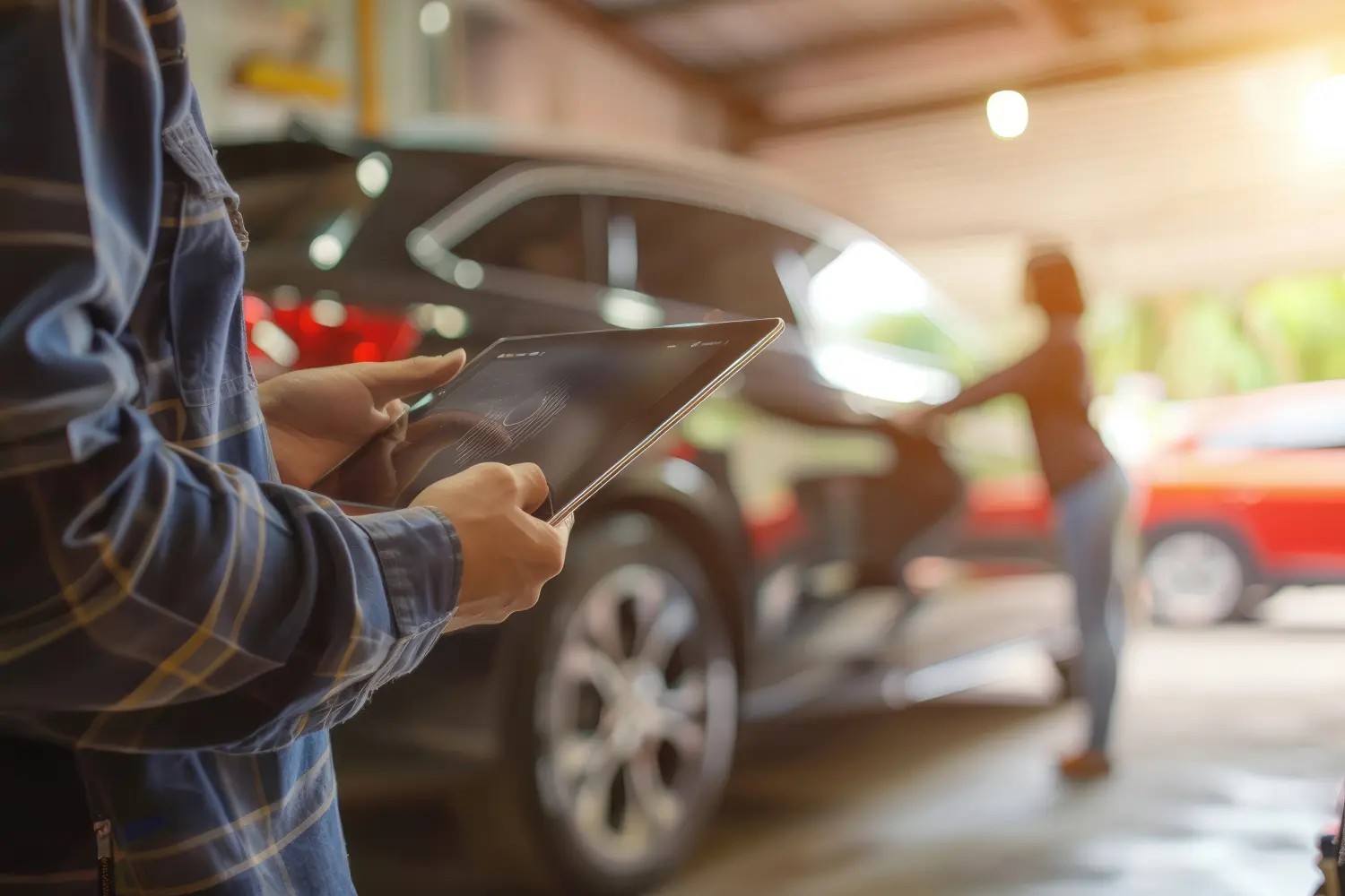 Automechaniker und Kundin in der Werkstatt.